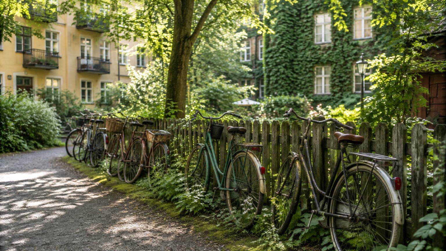 Gamla cyklar mot ett staket i en grön gård i Stockholm